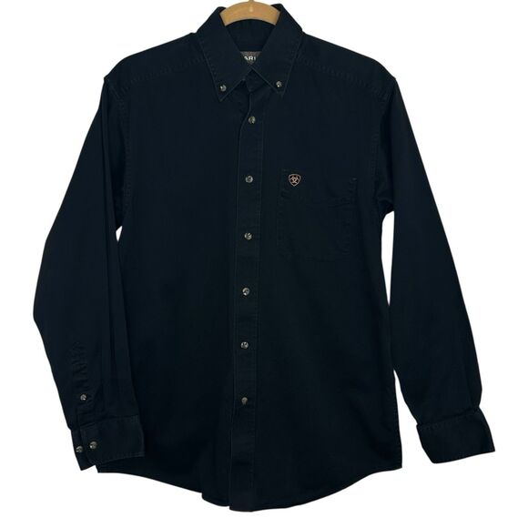 Ariat Shirt S Black Solid Twill Western Classic Fit Button Down Logo Pocket Mens - Picture 1 of 9